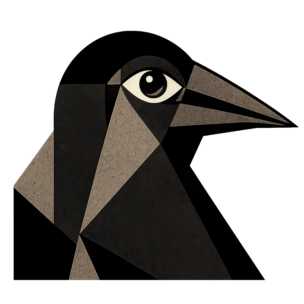 Faceted geometric crow, head and shoulders, facing right